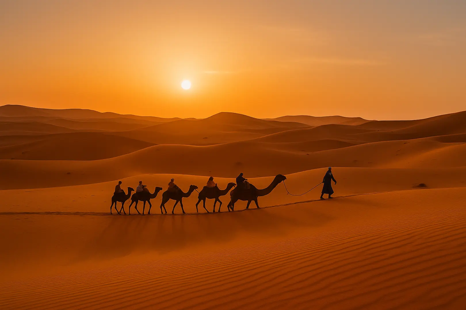 Erg Chebbi sand dunes at sunrise in Merzouga Sahara Desert