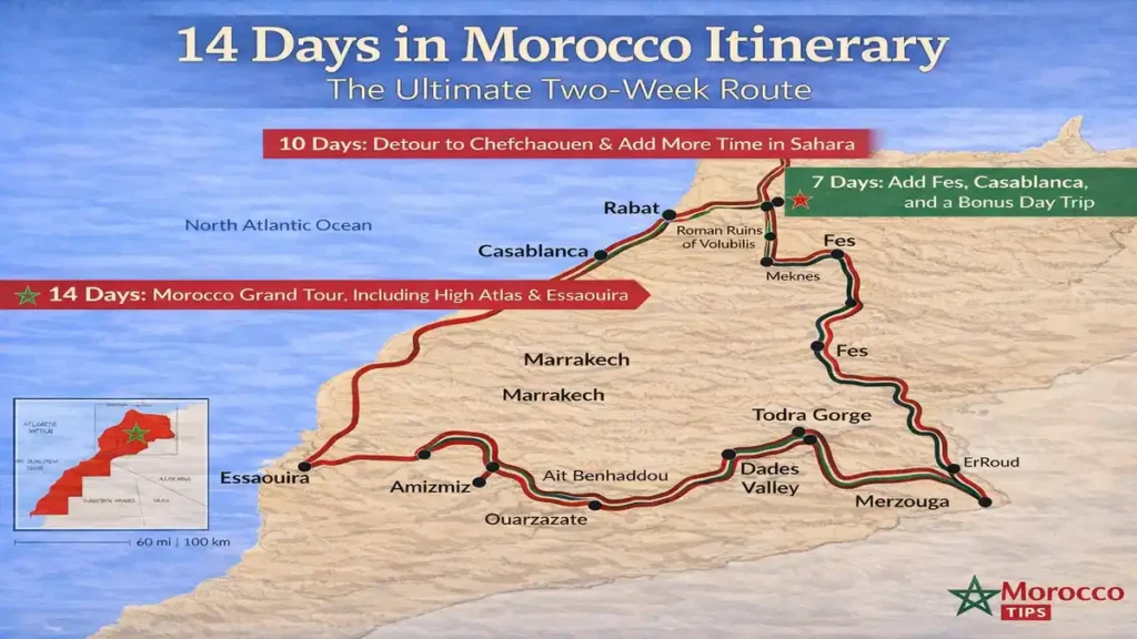 14 days Morocco itinerary map showing Marrakech, Sahara Desert, Fes, Chefchaouen, Casablanca and Essaouira