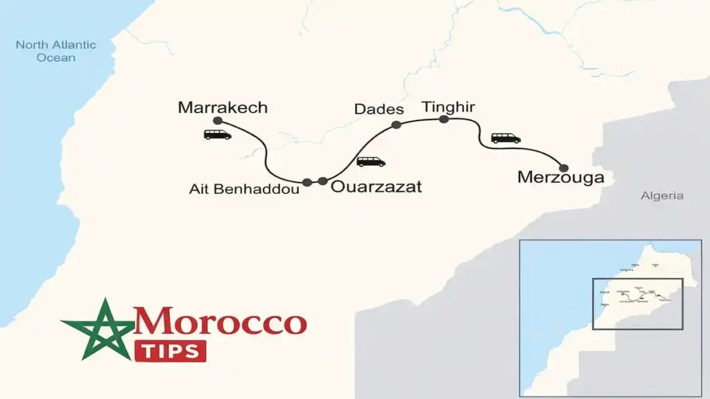 3 days desert tour from Marrakech map showing route to Merzouga