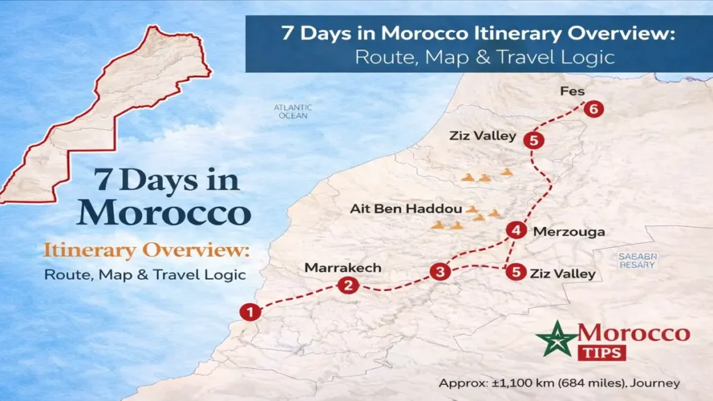 7 days in Morocco itinerary map from Marrakech to Fes via Merzouga Sahara