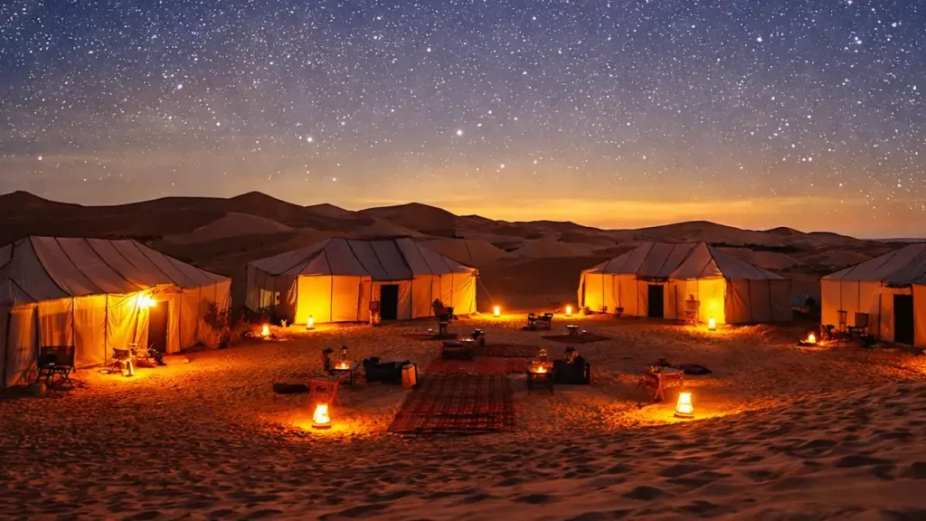 Sahara desert camp at night in Merzouga during a 3 days desert tour from Marrakech