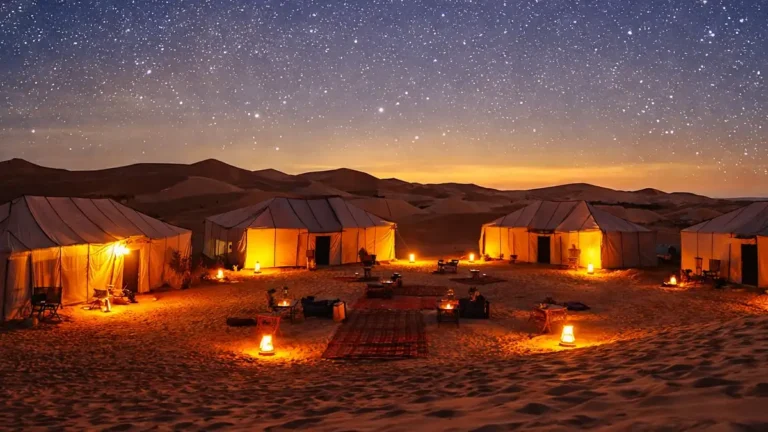 Sahara desert camp at night in Merzouga