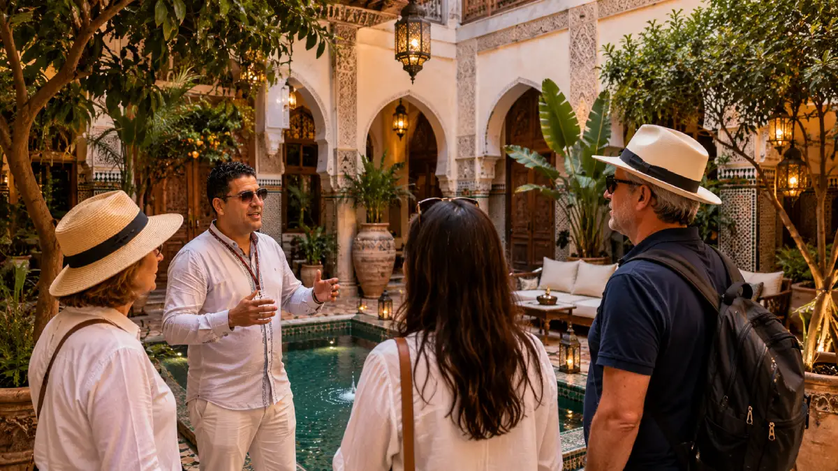 Traditional riad interior in Marrakech with Moroccan design details
