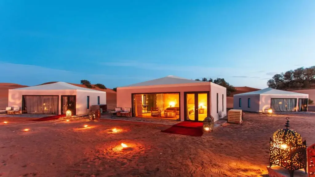 Merzouga Sahara Desert camp on a one week Morocco itinerary
