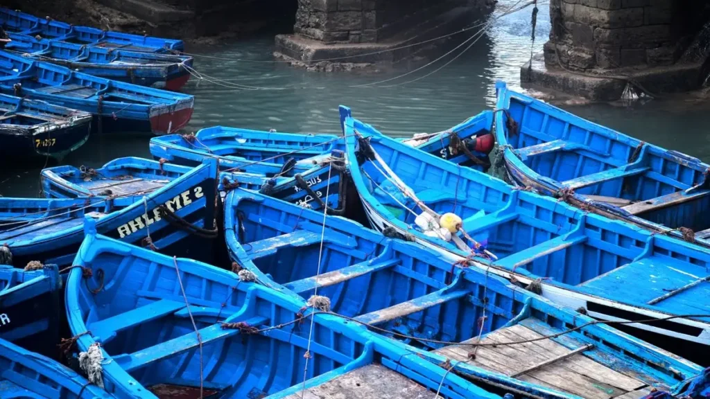 Blue fishing boats in the working port of Essaouira Morocco