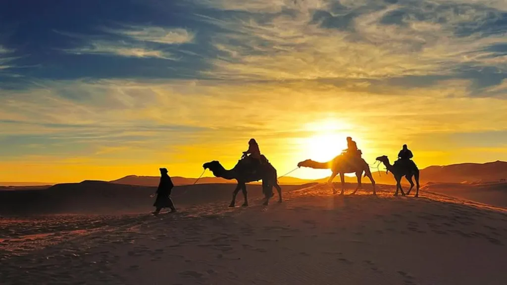 Camel trek at sunset in Merzouga Sahara Desert during a 3 days desert tour from Marrakech