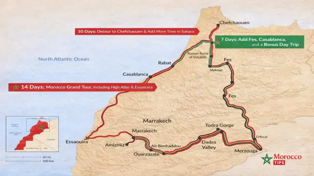 Morocco itinerary map showing 7, 10 and 14 days travel route from Marrakech to the Sahara Desert, Fes, Chefchaouen, Casablanca and Essaouira
