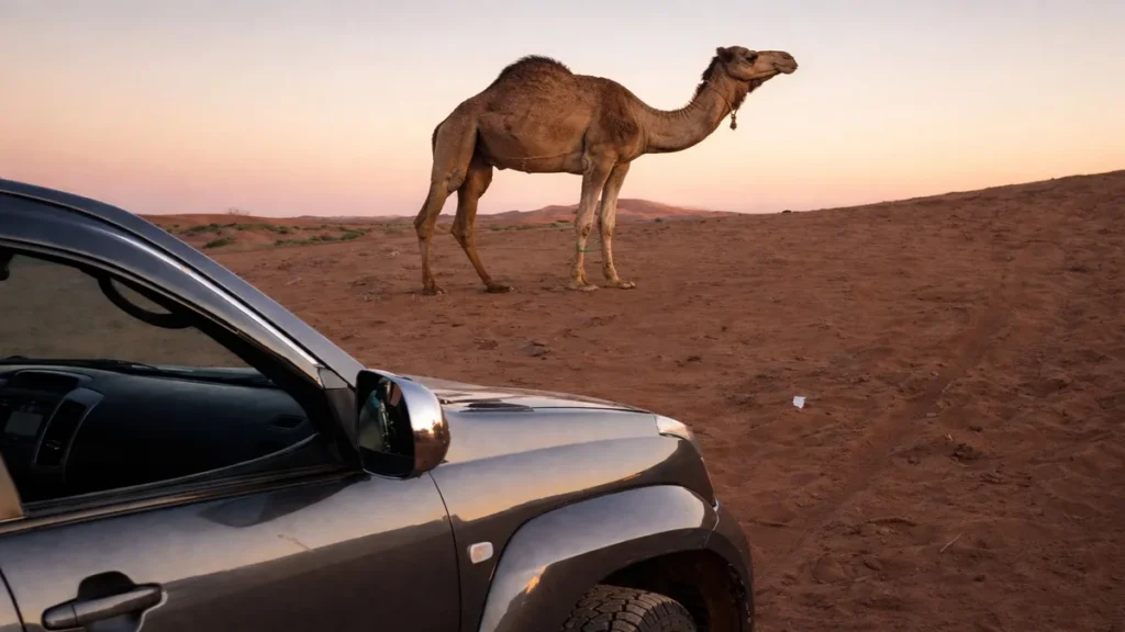 4x4 vehicle stopped in the remote Sahara on the Marrakech to Chegaga Desert route at sunset, showing real travel conditions