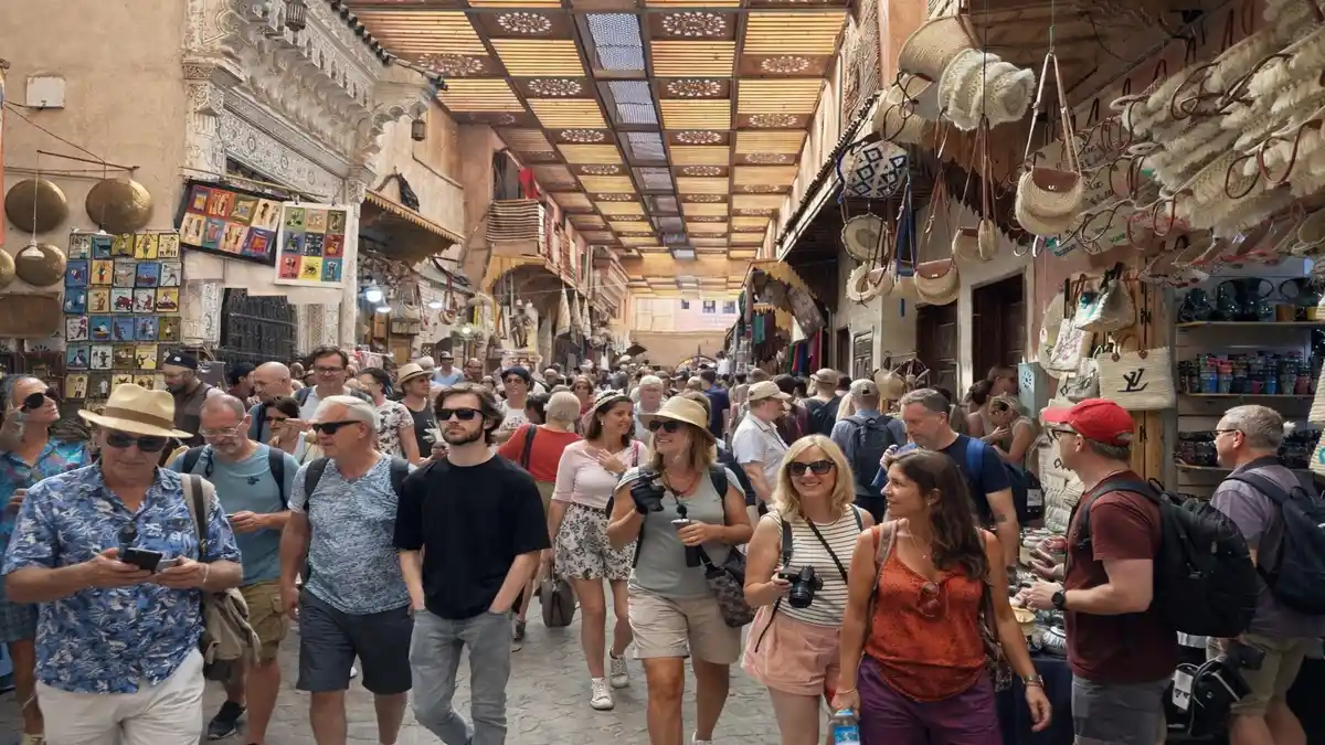 Busy Marrakech souks with tourists walking through the covered medina market