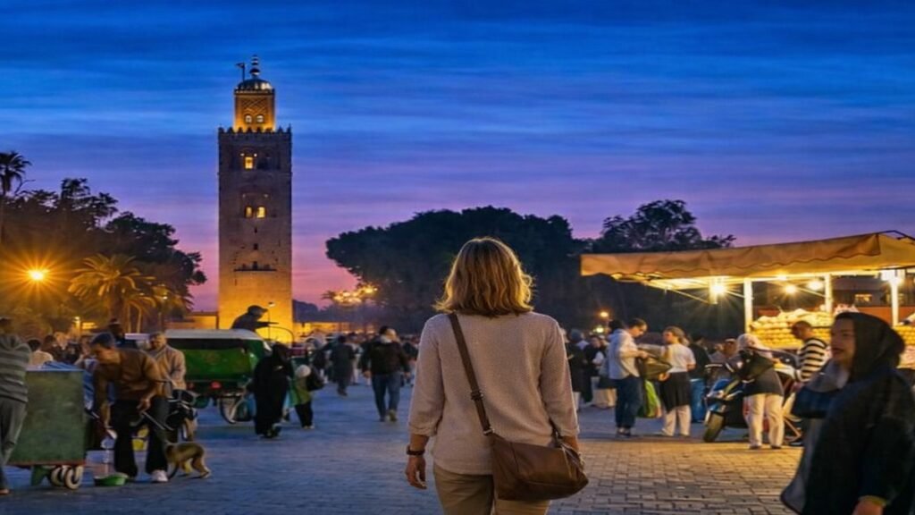 solo woman traveler walking in Jemaa el-Fna Marrakech at night