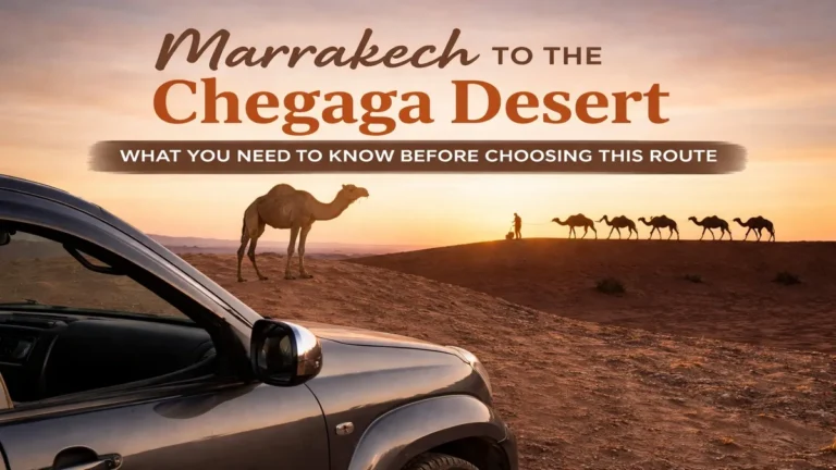 Marrakech to the Chegaga Desert route showing 4x4 travel, camel caravan, and Sahara landscape at sunset