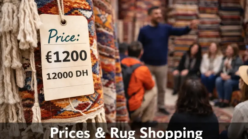 Tips to buy Moroccan rugs in Marrakech- Moroccan rug price tag showing cost 