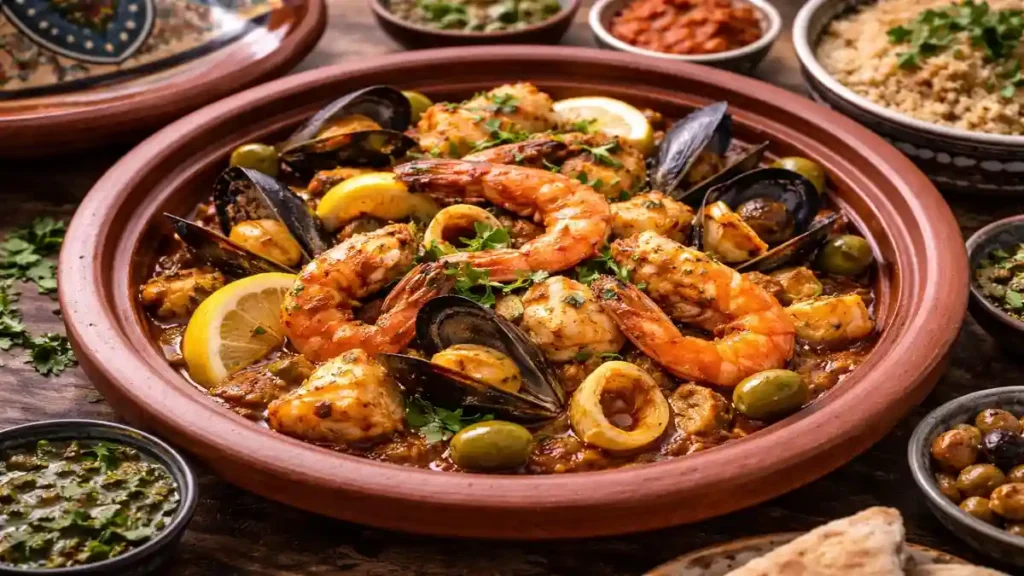 Moroccan seafood tagine with shrimp, mussels, and white fish cooked in spiced tomato sauce