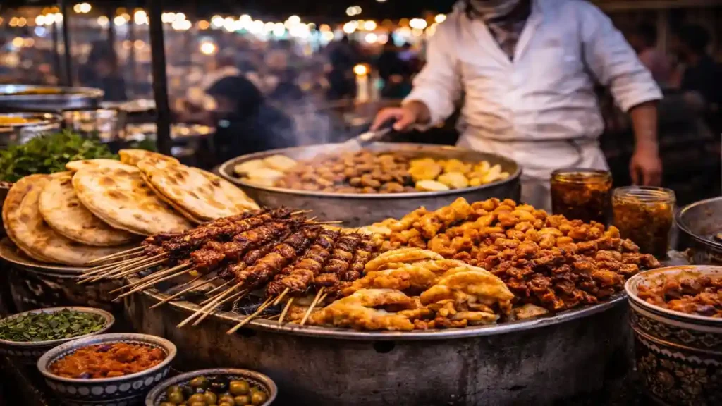 Moroccan street food stall at night with grilled kebabs, flatbread, and sizzling food cooked fresh