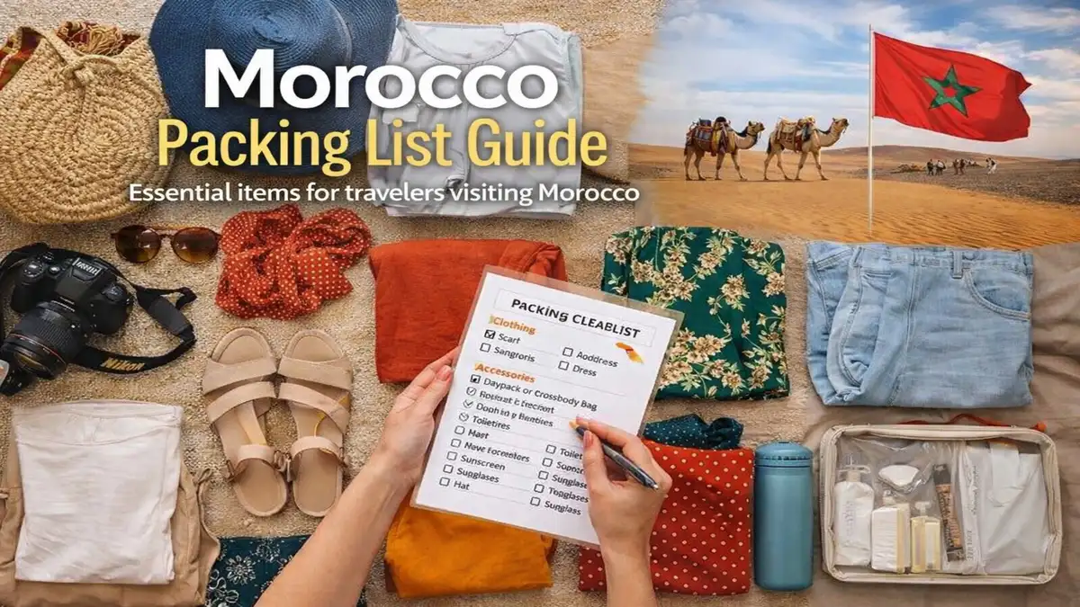 Morocco packing list guide showing essential travel items, clothing, toiletries, and checklist for travelers visiting Morocco