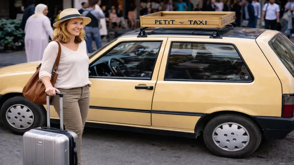 Solo woman using a taxi while traveling alone in Morocco