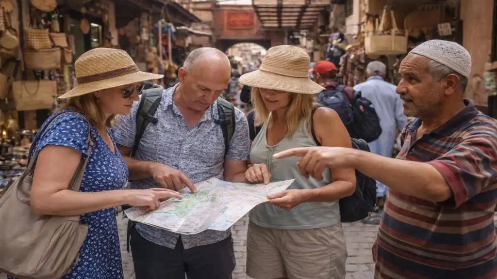 Tourists asking for directions in the Marrakech souks with help from a local