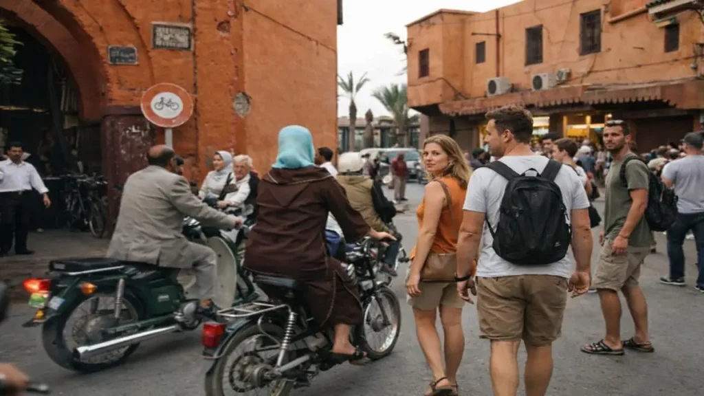 Tourists walking among motorbikes in a busy Marrakech Medina street