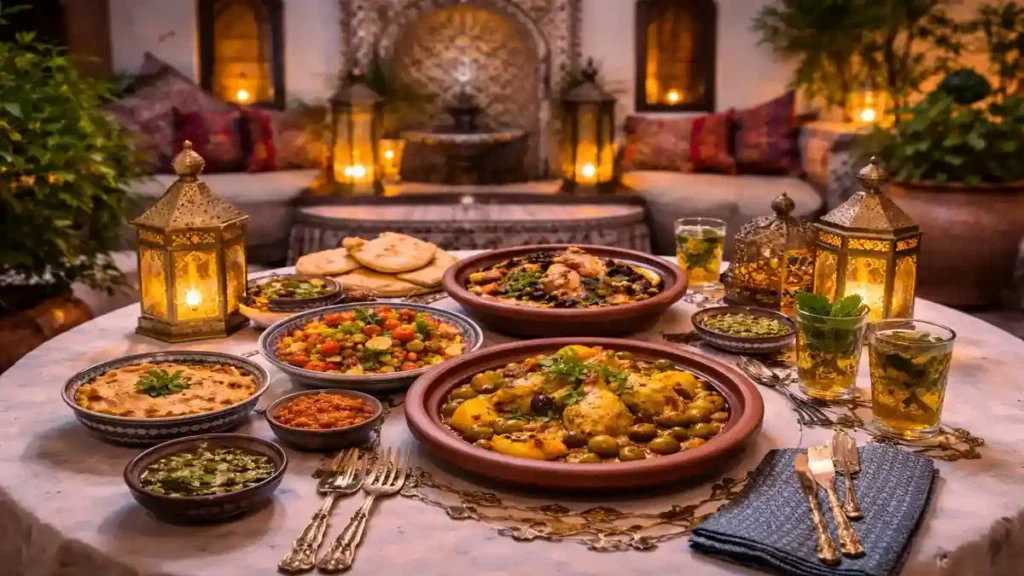 What to eat in Morocco - Traditional Moroccan dinner served in a riad courtyard with tagine, couscous, mint tea, 