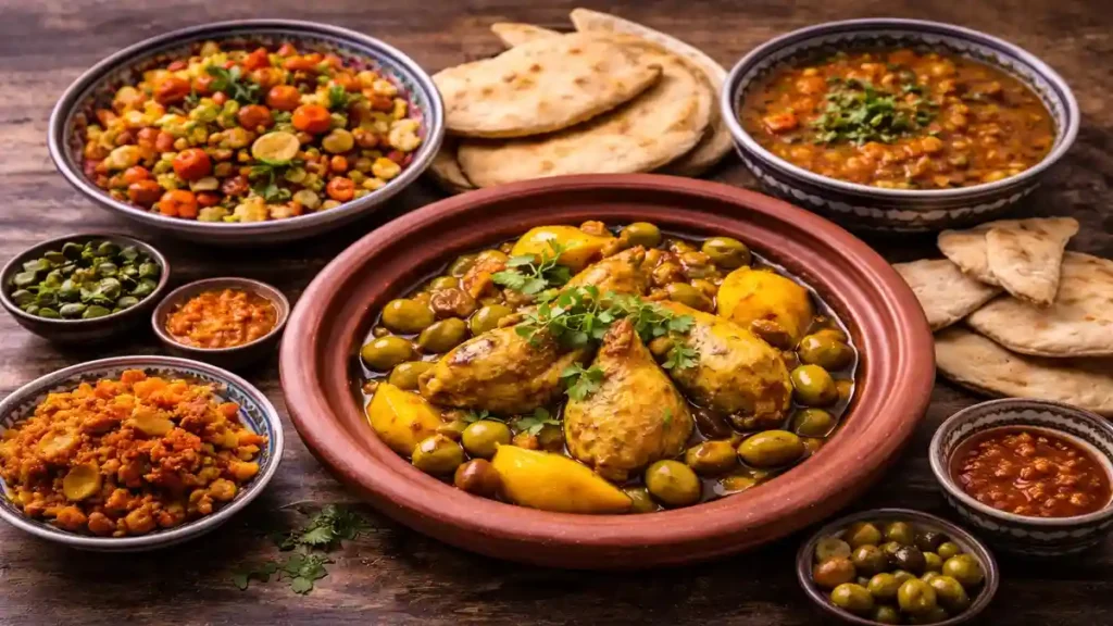 Traditional Moroccan dishes including chicken tagine, vegetable couscous, harira soup, and fresh khobz bread