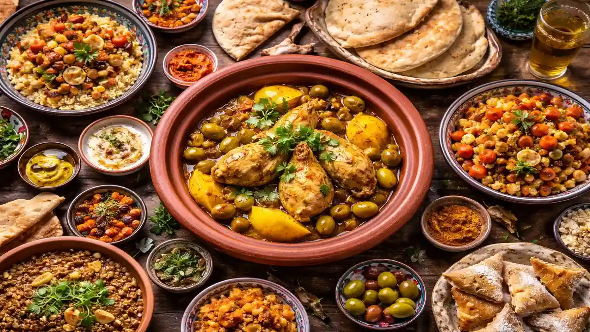 Traditional Moroccan food spread with tagine, couscous, bread, and mint tea served on a shared table