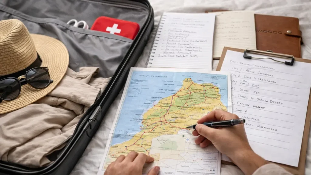 Travel planning in Morocco with a packed suitcase and marked map, showing how trying to see too many places can overwhelm a trip