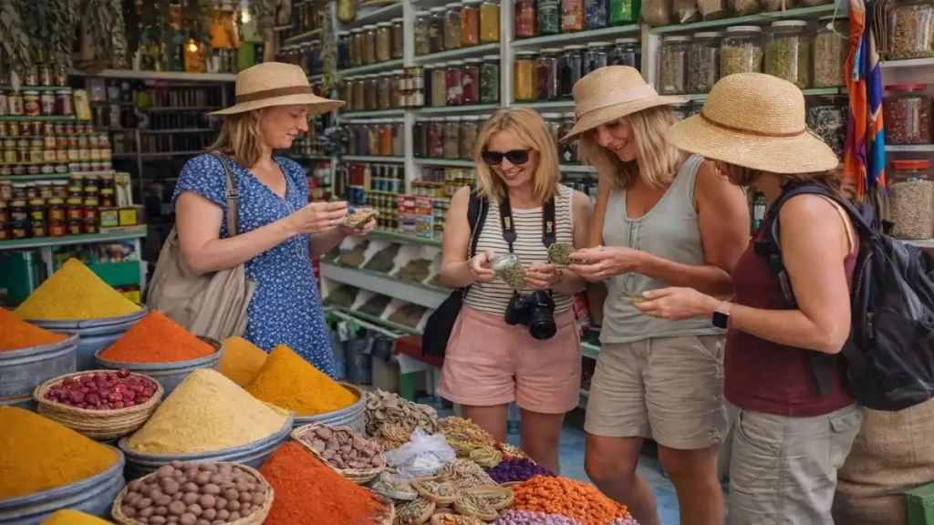 Women tourists exploring spices inside a traditional Marrakech souk shop
