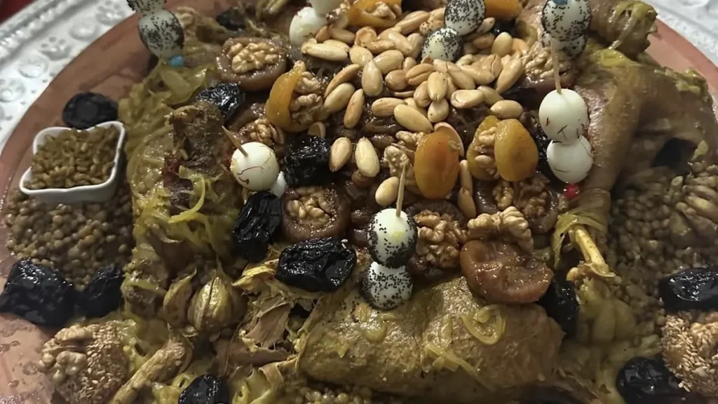 Traditional Moroccan rfissa with chicken, lentils and dried fruit