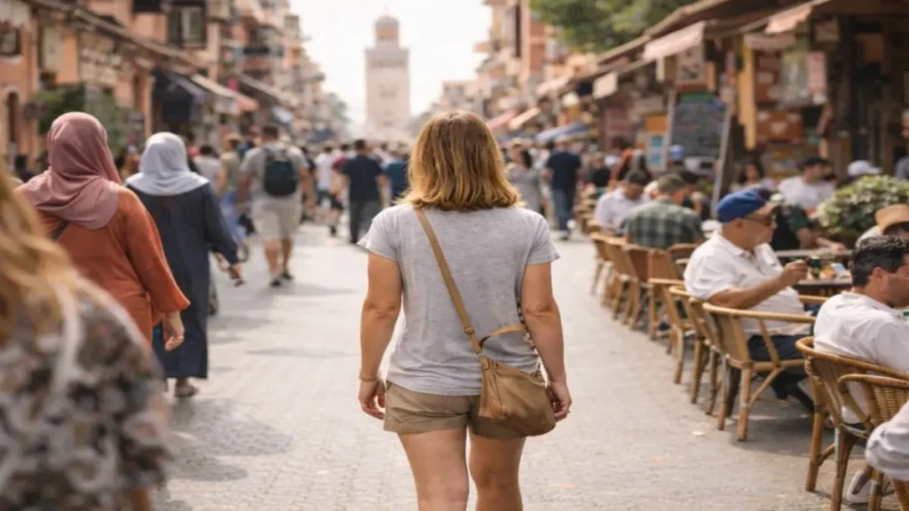 solo woman walking on a busy Moroccan street during the day