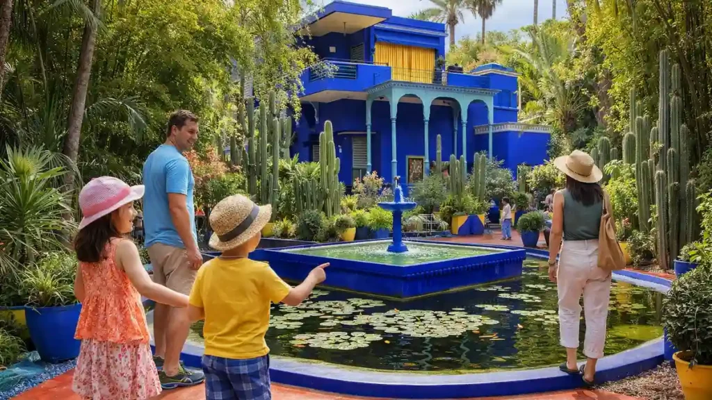Family visiting Majorelle Garden in Marrakech with colorful blue walls, cactus plants, and peaceful water pond