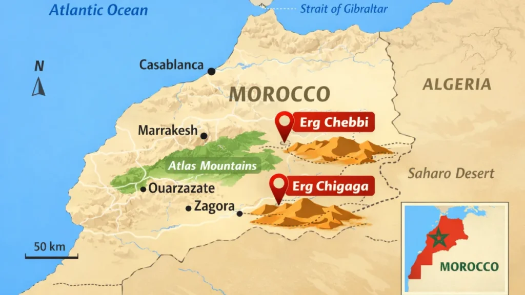 Map showing the location of Erg Chebbi and Erg Chigaga in Morocco