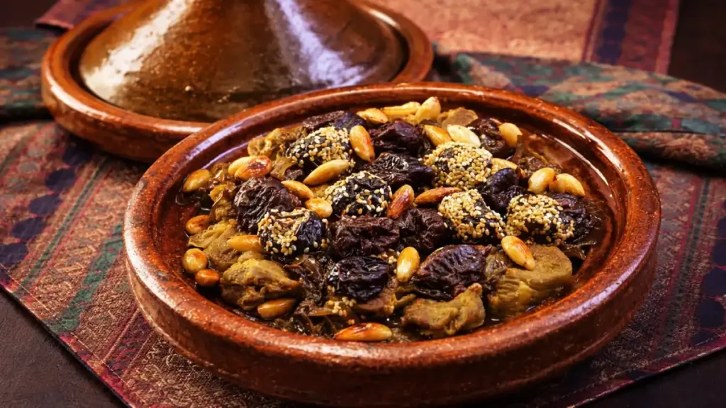 Traditional Moroccan lamb tagine with prunes and almonds in Marrakech