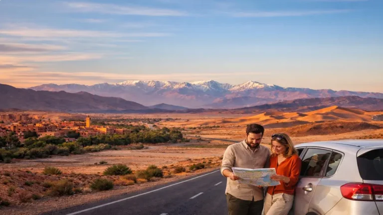 Where to stay in Morocco for a 10 day trip, showing a travel route through cities, mountains, and desert landscapes