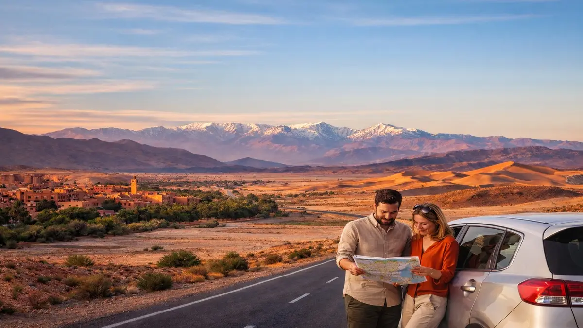 Where to stay in Morocco for a 10 day trip, showing a travel route through cities, mountains, and desert landscapes