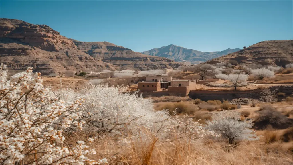Almond trees blooming in Tafraoute during almond blossom season in Morocco
