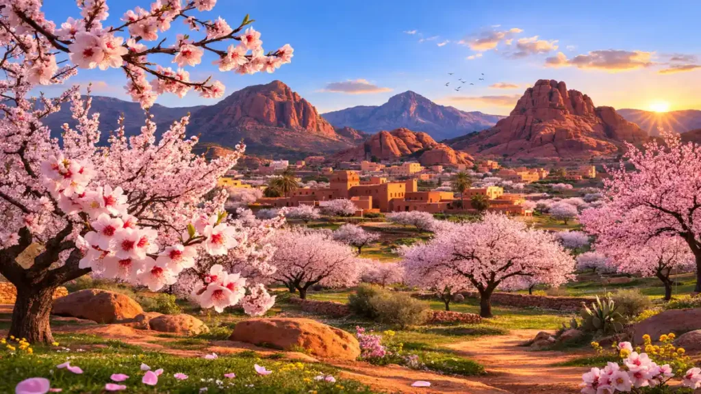 Almond Blossom Festival Morocco in Tafraoute valley during February bloom