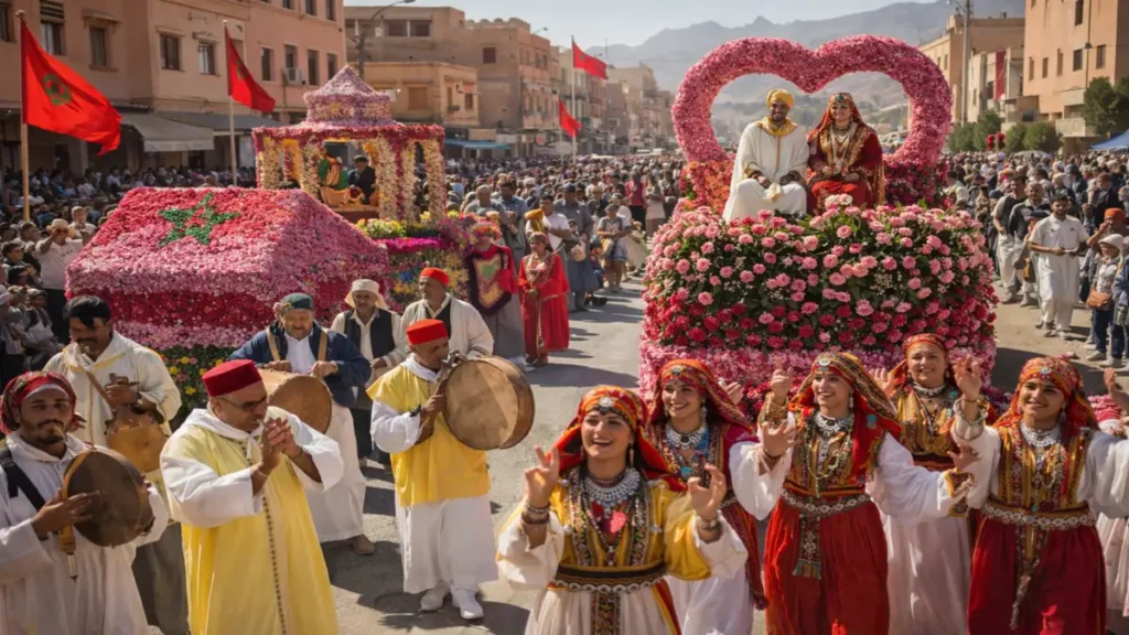 Kalaat M’Gouna Roses Festival parade in Morocco with colorful floats covered in rose petals, Amazigh musicians and dancers celebrating in the Valley of Roses
