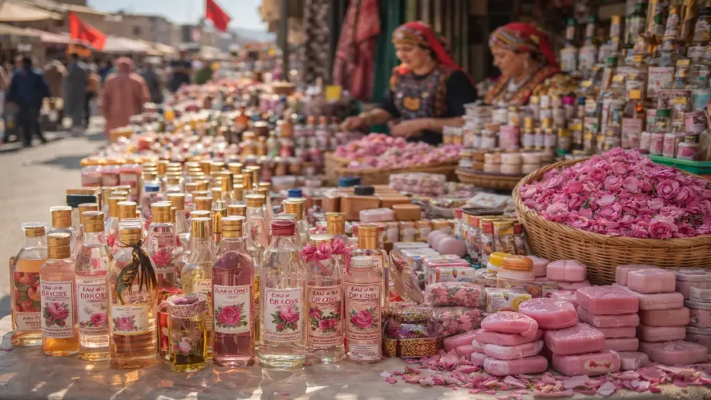 Traditional Moroccan market stall selling rose water, perfumes, soaps and rose oil during the Kalaat M’Gouna Roses Festival in the Valley of Roses Morocco