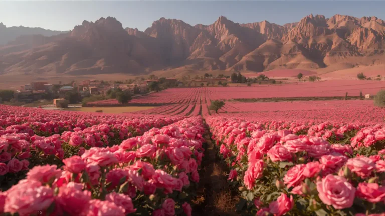 Valley of Roses near Kalaat M’Gouna Morocco with blooming Damascus rose fields and Atlas Mountains landscape