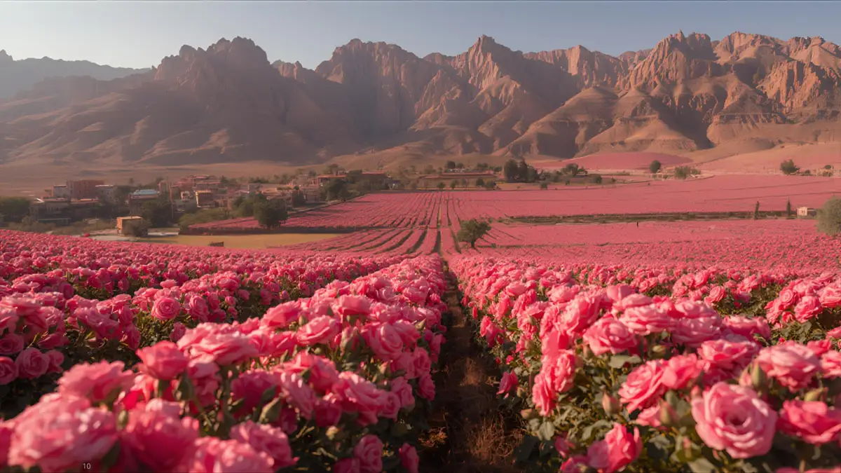 Valley of Roses near Kalaat M’Gouna Morocco with blooming Damascus rose fields and Atlas Mountains landscape