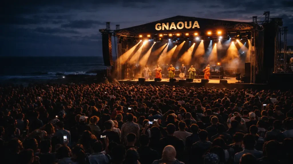 Gnaoua Festival main stage Essaouira ocean concert crowd Morocco
