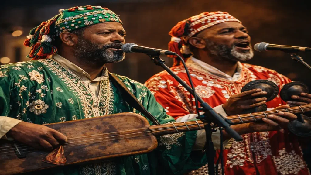 Gnaoua musicians performing traditional music with guembri and krakebs Morocco
