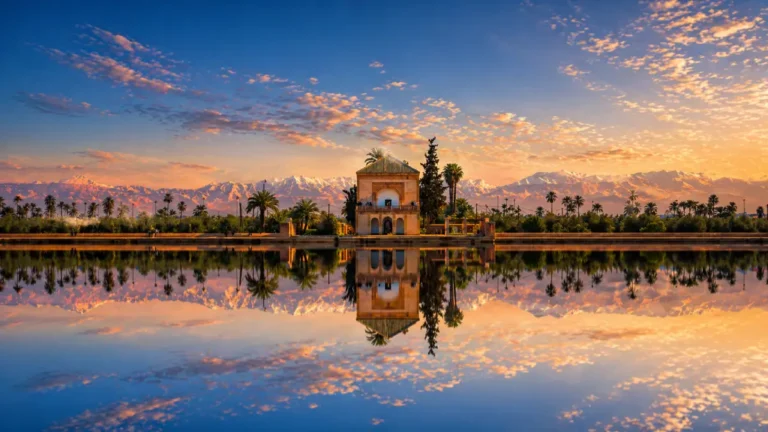 Morocco in December Marrakech Menara Pavilion with Atlas Mountains winter view