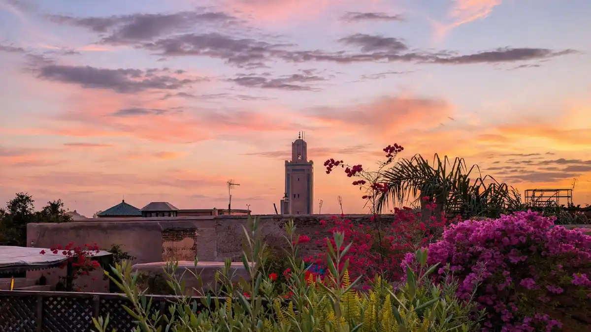 Marrakech rooftop sunset skyline in Morocco during September travel season