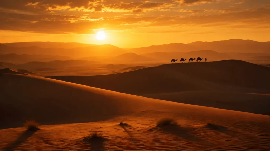 Authentic Morocco Sahara Desert Tours 2026 with camel caravan crossing golden dunes at sunset