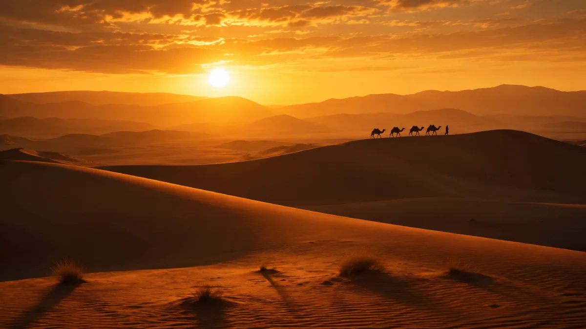 Camel ride in Merzouga Sahara Desert across the golden Erg Chebbi dunes at sunset