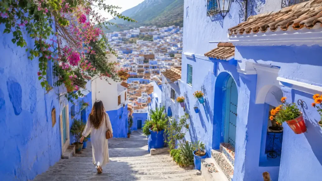 Best places to visit in Morocco in April with blue streets and spring flowers in Chefchaouen