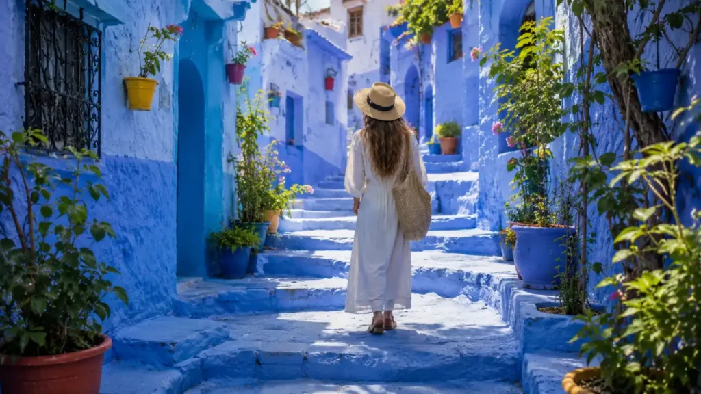 Chefchaouen blue medina in May with quiet streets and spring travel atmosphere
