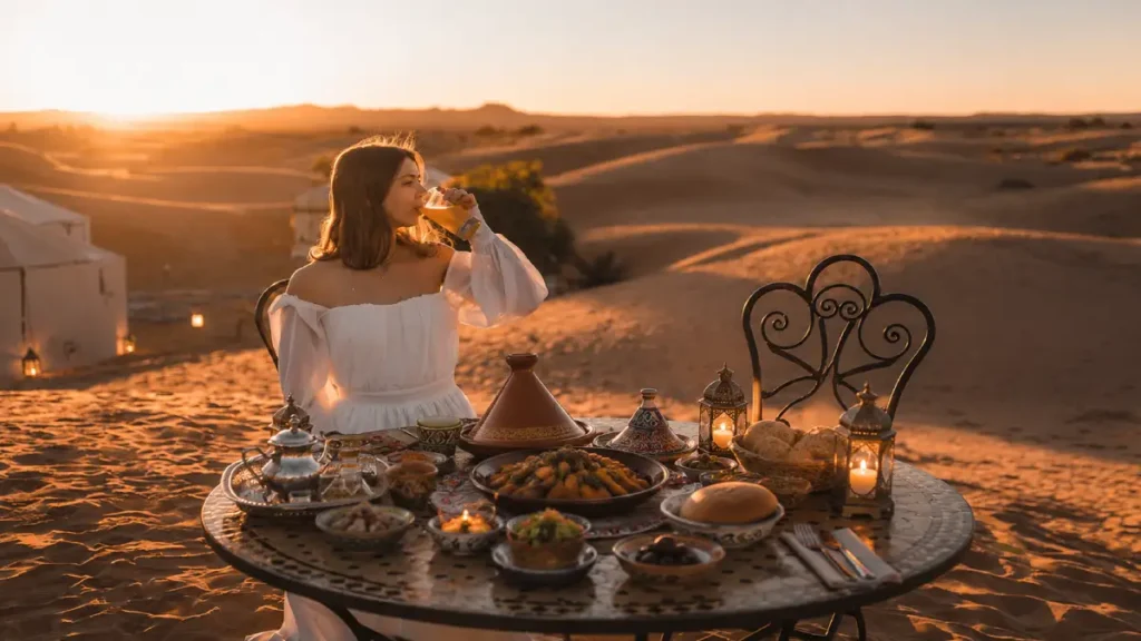 Sahara Desert camp dinner in Morocco with traditional food