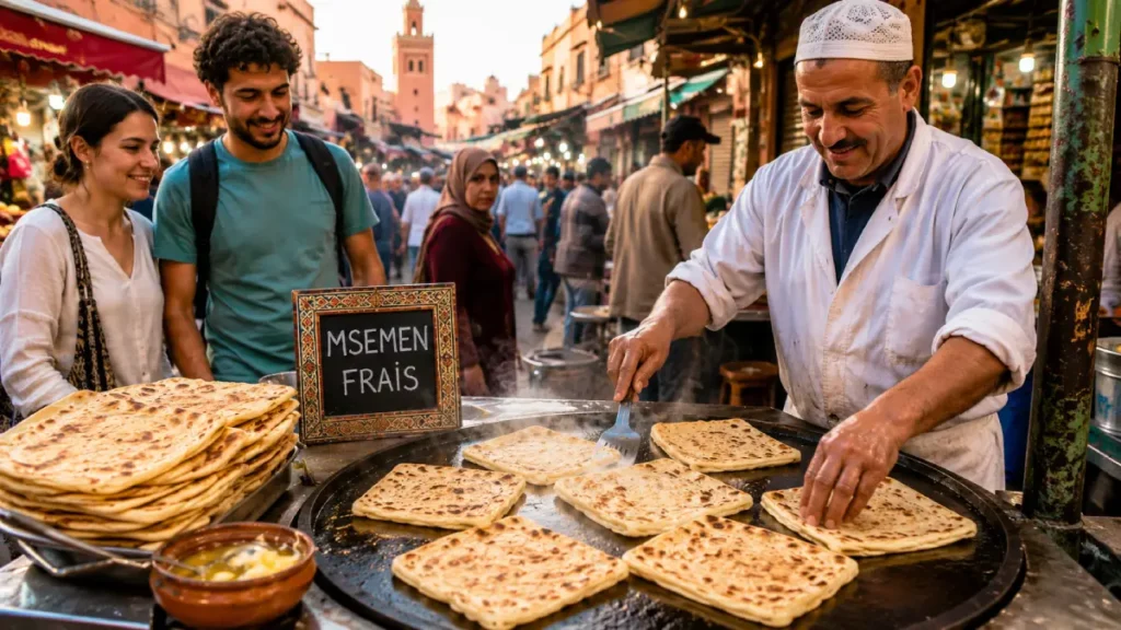 Fresh msemen street food in Morocco
